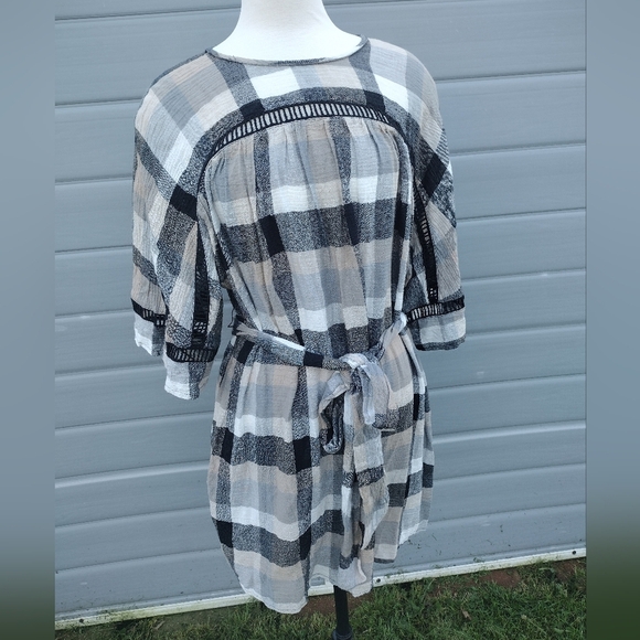 Anthropologie Maeve Plaid Kimono Belted Tunic Dress Black Tan White XS New - Picture 1 of 8